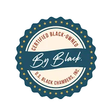 Logo for 'By Black' certified black-owned business, featuring stars and a blue border.