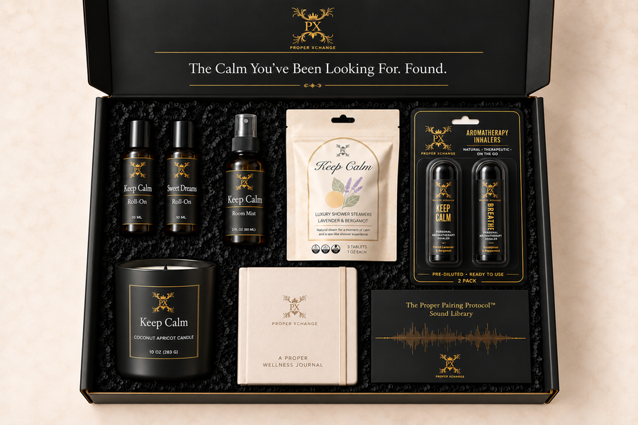 Keep Calm Executive gift set with two roll-ons, 10 oz candle, journal, sound library, three-pack shower steamers, mist and Keep Calm/Breathe inhaler duo
