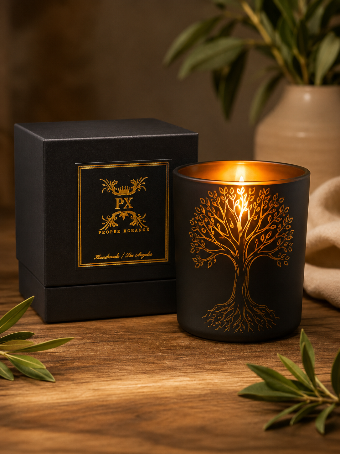 Tree of Life engraved matte black candle with Proper Xchange gift box